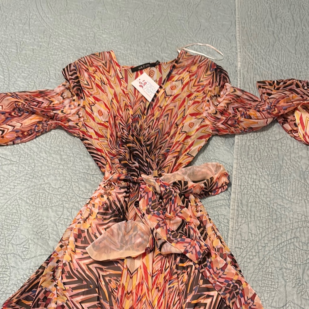 Ark & Co Orange Wrap Sundress with Bishop Sleeves